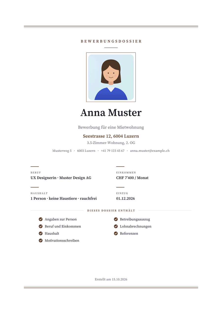 Beispielseite eines Bewerbungsdossiers in der Vorlage Klassisch mit Deckblatt und Foto, mit fiktiven Daten