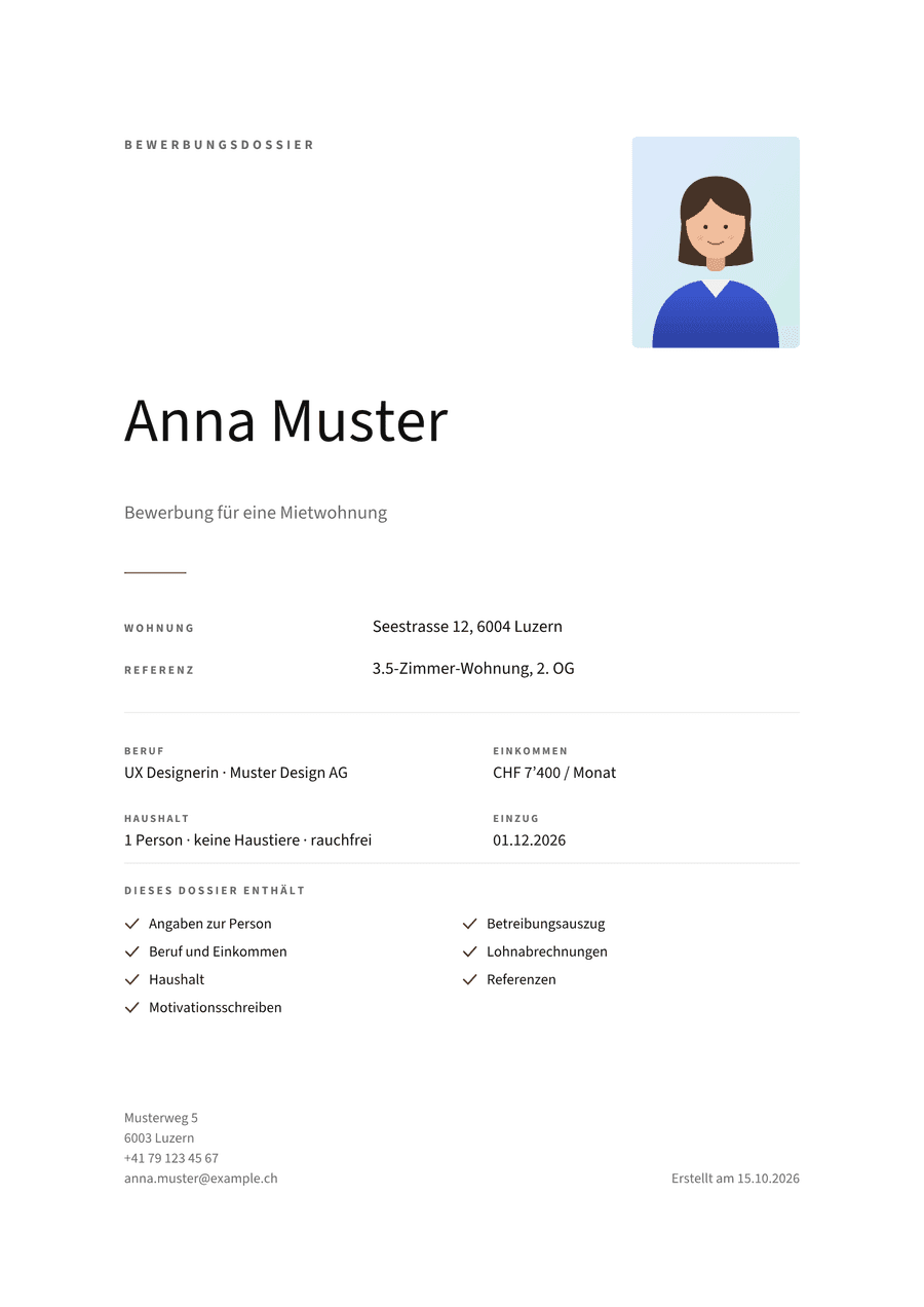 Sample page of a rental application dossier in the Minimal template with generous white space, with fictional data