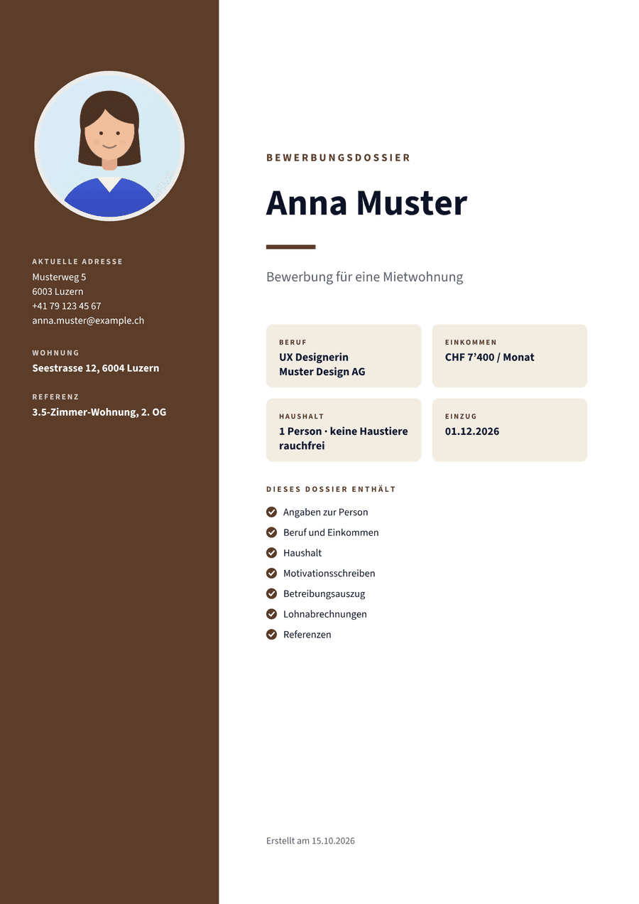 Beispielseite eines Bewerbungsdossiers in der Vorlage Modern mit farbiger Seitenleiste, mit fiktiven Daten