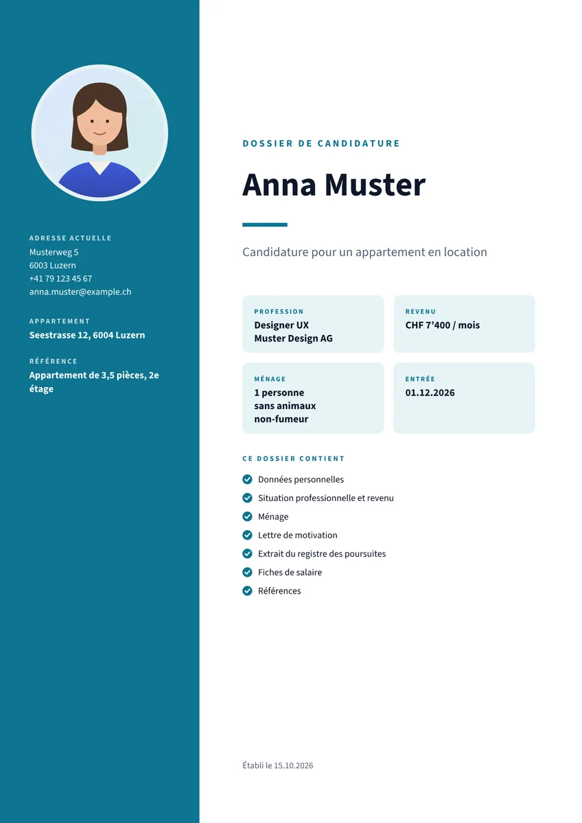 Page de garde d’un dossier d’exemple créé avec DossierFix, modèle Moderne, avec des données fictives